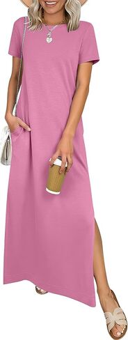 ANRABESS Womens Summer Casual Maxi Dress Short Sleeve Crewneck Split Wrinkle-Free Travel Long Sundress Beach Vacation Clothes in Kuwait