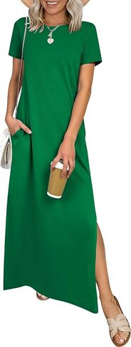ANRABESS Womens Summer Casual Maxi Dress Short Sleeve Crewneck Split Wrinkle-Free Travel Long Sundress Beach Vacation Clothes in Kuwait