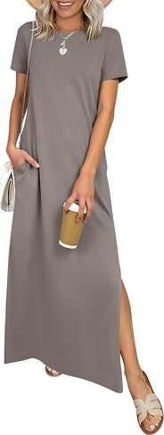 ANRABESS Womens Summer Casual Maxi Dress Short Sleeve Crewneck Split Wrinkle-Free Travel Long Sundress Beach Vacation Clothes in Kuwait