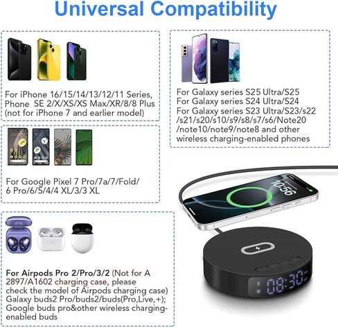 شاحن لاسلكي سريع مع منبه، وسادة شحن لاسلكية بحد أقصى 20 وات متوافقة مع iPhone 17/17 Pro/16/15/14/13/12/SE؛ قاعدة شحن لاسلكية لهاتف Samsung Galaxy S25/S24/Note، Pixel/LG (لوحة سوداء) in Kuwait