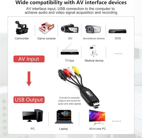بطاقة التقاط فيديو RCA، USB 2.0 VHS إلى محول رقمي، DVD RCA إلى محول صوت USB، تحويل رقمي من VHS VCR Mini DV للتحويل من شريط الفيديو إلى تخزين الكمبيوتر in Kuwait