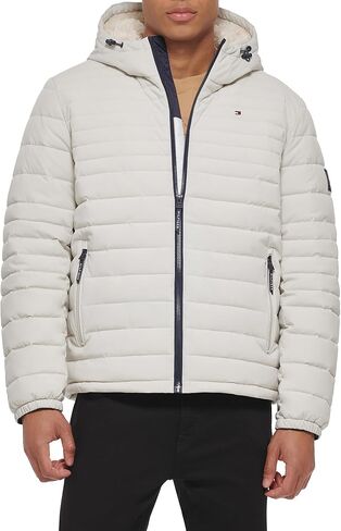 Tommy Hilfiger Men's Stretch Poly Hooded Packable Jacket with Sherpa Lining, Black, Medium in Saudi Arabia