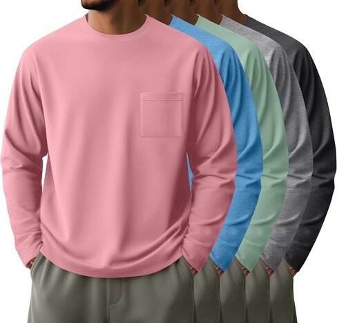 Neer 5 Pack Men's Big and Tall Long Sleeve Pocket T-Shirt Lightweight Crew Neck Shirts Slim Fit Top Casual Basic Tees in Saudi Arabia