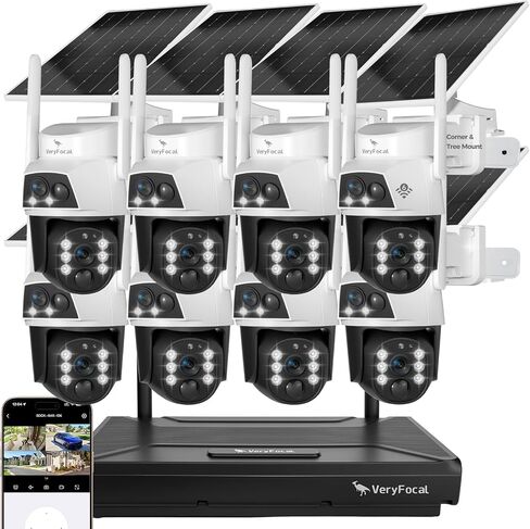 نظام أمان شمسي بـ 8 كاميرات - عدسة مزدوجة 360 درجة PTZ، 10CH 4K NVR WiFi 6، بطارية 10400 مللي أمبير في الساعة، مقاومة للماء IP66، بدون رسوم شهرية للمنزل الخارجي in Kuwait