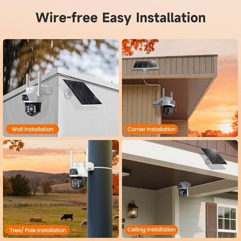 نظام أمان شمسي بـ 8 كاميرات - عدسة مزدوجة 360 درجة PTZ، 10CH 4K NVR WiFi 6، بطارية 10400 مللي أمبير في الساعة، مقاومة للماء IP66، بدون رسوم شهرية للمنزل الخارجي in Kuwait