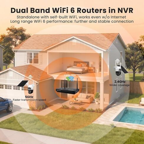 نظام أمان شمسي بـ 8 كاميرات - عدسة مزدوجة 360 درجة PTZ، 10CH 4K NVR WiFi 6، بطارية 10400 مللي أمبير في الساعة، مقاومة للماء IP66، بدون رسوم شهرية للمنزل الخارجي in Kuwait