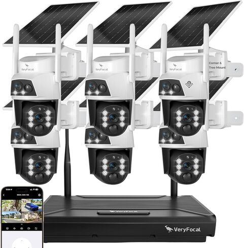 نظام أمان شمسي بـ 6 كاميرات - عدسة مزدوجة 360 درجة PTZ، 10CH 4K NVR WiFi 6، بطارية 10400 مللي أمبير، مقاومة للماء IP66، بدون رسوم شهرية للمنزل الخارجي in Kuwait