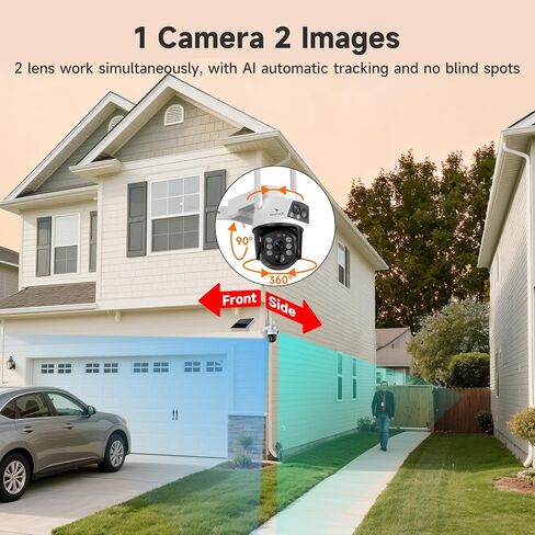 نظام أمان شمسي بـ 6 كاميرات - عدسة مزدوجة 360 درجة PTZ، 10CH 4K NVR WiFi 6، بطارية 10400 مللي أمبير، مقاومة للماء IP66، بدون رسوم شهرية للمنزل الخارجي in Kuwait