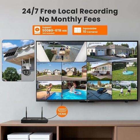 نظام أمان شمسي بـ 6 كاميرات - عدسة مزدوجة 360 درجة PTZ، 10CH 4K NVR WiFi 6، بطارية 10400 مللي أمبير، مقاومة للماء IP66، بدون رسوم شهرية للمنزل الخارجي in Kuwait