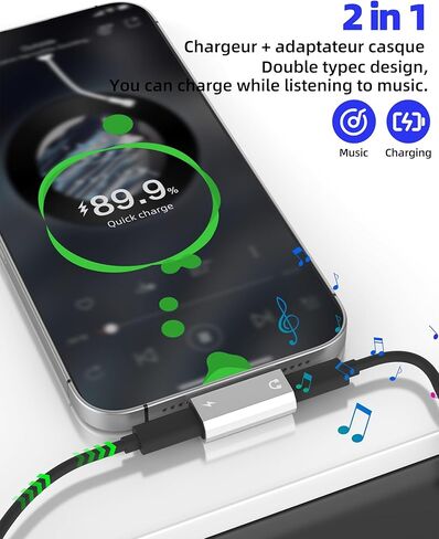USB C إلى سماعة الرأس جاك سبليتر (2 حزمة) لهاتف iPhone 17 16 15 Pro Max مزدوج النوع C محول كابل Aux محول شحن شاحن منفذ طاقة صوت أنثى لأجهزة Apple لأجهزة Ipad متوافق مع Samsung Galaxy in Kuwait