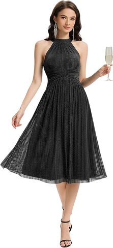 Ever-Pretty Women's Summer Halter Sleeveless Pletaed Midi Glitter Formal Evening Gowns 41962 in Saudi Arabia