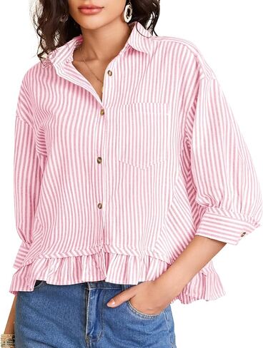 COZYPOIN Womens Striped Button Down Cotton Shirts Cropped Ruffle Hem 3/4 Sleeve Casual Collared Blouses Office Work Tops in Saudi Arabia