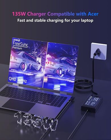 شاحن كمبيوتر محمول بقوة 135 واط، متوافق مع أجهزة الكمبيوتر المحمولة Acer Nitro 5 Gaming AN515-55 AN515-54 AN515-53 AN515-51 AN515-44، Nitro V15 V16 V17، N18C3 N18C4 N17C1 محول تيار متردد مزود بشحن سريع in Kuwait