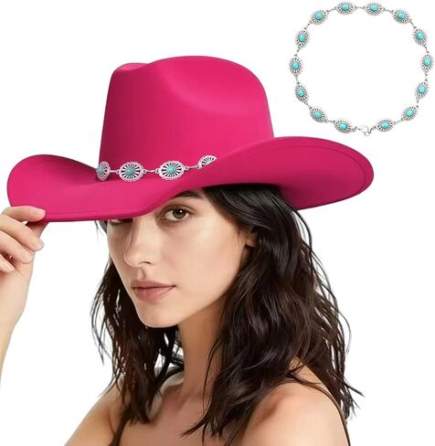 Western Cowboy Hat for Women Men Classic Felt Cowgirl Hat with Turquoise Silver Chain Band Wide Brim, Fits Most Adult Sizes in Kuwait