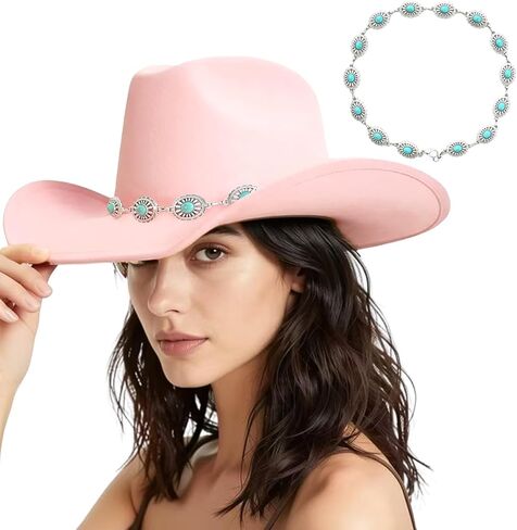 Western Cowboy Hat for Women Men Classic Felt Cowgirl Hat with Turquoise Silver Chain Band Wide Brim, Fits Most Adult Sizes in Kuwait