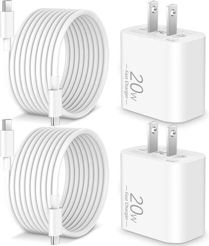 شاحن USB C سريع 20 وات لأجهزة iPhone 17/Air/17 Pro Max/16/16 Pro Max/16 Plus/16e، iPad Pro 13/12.9/11 بوصة، iPad A16/10th، Air 5/Mini 6، AirPods، 2 حزمة شاحن سريع من النوع C وكابل USB C طويل 10أقدام in Kuwait