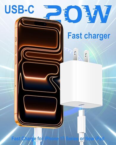 شاحن USB C سريع 20 وات لأجهزة iPhone 17/Air/17 Pro Max/16/16 Pro Max/16 Plus/16e، iPad Pro 13/12.9/11 بوصة، iPad A16/10th، Air 5/Mini 6، AirPods، 2 حزمة شاحن سريع من النوع C وكابل USB C طويل 10أقدام in Kuwait