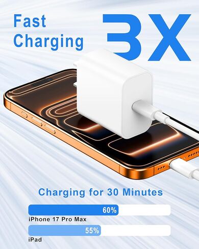 شاحن USB C سريع 20 وات لأجهزة iPhone 17/Air/17 Pro Max/16/16 Pro Max/16 Plus/16e، iPad Pro 13/12.9/11 بوصة، iPad A16/10th، Air 5/Mini 6، AirPods، 2 حزمة شاحن سريع من النوع C وكابل USB C طويل 10أقدام in Kuwait
