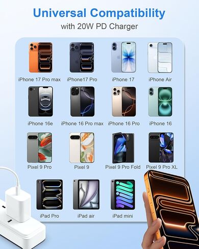 شاحن USB C سريع 20 وات لأجهزة iPhone 17/Air/17 Pro Max/16/16 Pro Max/16 Plus/16e، iPad Pro 13/12.9/11 بوصة، iPad A16/10th، Air 5/Mini 6، AirPods، 2 حزمة شاحن سريع من النوع C وكابل USB C طويل 10أقدام in Kuwait