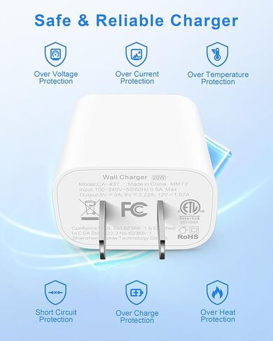 شاحن USB C سريع 20 وات لأجهزة iPhone 17/Air/17 Pro Max/16/16 Pro Max/16 Plus/16e، iPad Pro 13/12.9/11 بوصة، iPad A16/10th، Air 5/Mini 6، AirPods، 2 حزمة شاحن سريع من النوع C وكابل USB C طويل 10أقدام in Kuwait