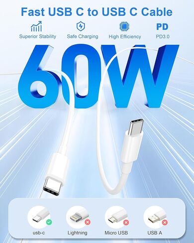 شاحن USB C سريع 20 وات لأجهزة iPhone 17/Air/17 Pro Max/16/16 Pro Max/16 Plus/16e، iPad Pro 13/12.9/11 بوصة، iPad A16/10th، Air 5/Mini 6، AirPods، 2 حزمة شاحن سريع من النوع C وكابل USB C طويل 10أقدام in Kuwait