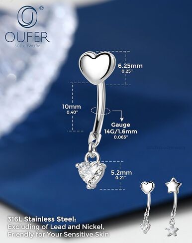 OUFER 14G حلقات زر البطن، حلقات بطن فولاذية جراحية مضادة للحساسية للنساء، مجوهرات ثقب السرة الملولبة داخليًا، حلقات سرة متدلية على شكل قلب/نجمة منحنية in Kuwait