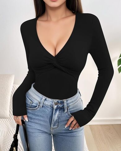Deep V Neck Bodysuits for Women Twist Knot Fitted Long Sleeve Bodysuit Basic Tops Casual T Shirts in Saudi Arabia