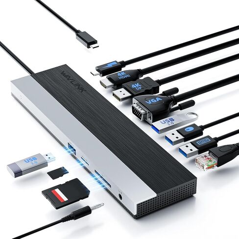 محطة إرساء WAVLINK USB-C 3 شاشات، قاعدة إرساء مع HDMI وDP وVGA و100W PD وUSB3.0&2.0 وRJ45 وفتحات SD/TF وصوت/ميكروفون لأجهزة Lenovo/HP/Dell وغيرها - رمادي in Saudi Arabia