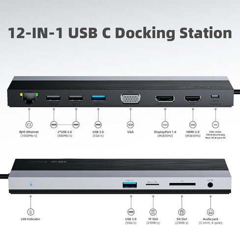 محطة إرساء WAVLINK USB-C 3 شاشات، قاعدة إرساء مع HDMI وDP وVGA و100W PD وUSB3.0&2.0 وRJ45 وفتحات SD/TF وصوت/ميكروفون لأجهزة Lenovo/HP/Dell وغيرها - رمادي in Saudi Arabia