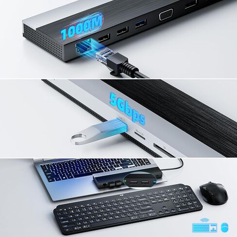 محطة إرساء WAVLINK USB-C 3 شاشات، قاعدة إرساء مع HDMI وDP وVGA و100W PD وUSB3.0&2.0 وRJ45 وفتحات SD/TF وصوت/ميكروفون لأجهزة Lenovo/HP/Dell وغيرها - رمادي in Saudi Arabia