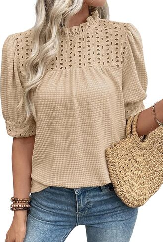 EVALESS Womens Tops Blouses for Women Dressy Casual Waffle Frill Trim Eyelet Embroidery Mock Neck Puff Sleeves Shirts in Saudi Arabia