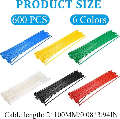 Small Zip Ties, 600 Pack Heavy Duty 2.4mm Nylon Mini Zip Cable Ties 4 Inch in 6 Colors (Black, White, Red, Blue, Green, Yellow) in Kuwait