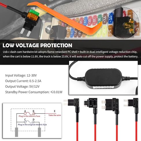 Type C Dash Cam Hardwire Kit with 8 Car Fuse Tap & 8 5A Blade Fuse,24H Monitoring Hardwire Kit for Dash Camera,11.48 Ft Hard Wire Kit for Dash Cam with Low Voltage Protection in Saudi Arabia