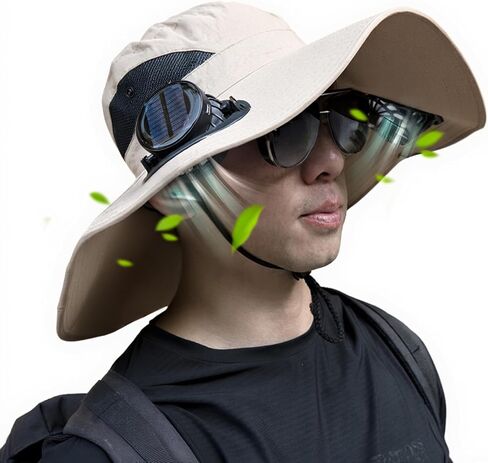 Solar Fan Hat with 2 Removable Fans, Wide Brim Sun Hat USB & Solar Powered for Outdoor Fishing, Camping, Hiking, Gardening, UPF 50+ Sun Protection, Desert Sand in Saudi Arabia