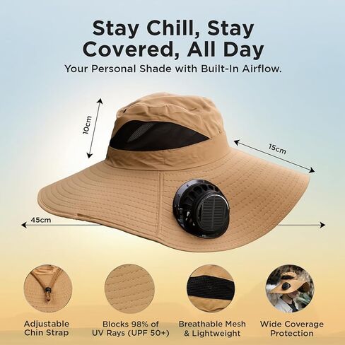 Solar Fan Hat with 2 Removable Fans, Wide Brim Sun Hat USB & Solar Powered for Outdoor Fishing, Camping, Hiking, Gardening, UPF 50+ Sun Protection, Desert Sand in Saudi Arabia