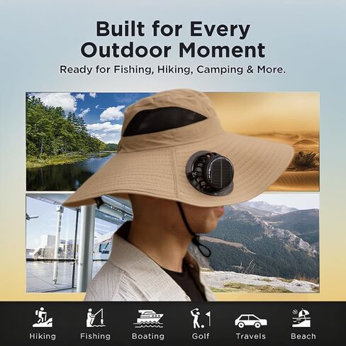 Solar Fan Hat with 2 Removable Fans, Wide Brim Sun Hat USB & Solar Powered for Outdoor Fishing, Camping, Hiking, Gardening, UPF 50+ Sun Protection, Desert Sand in Saudi Arabia