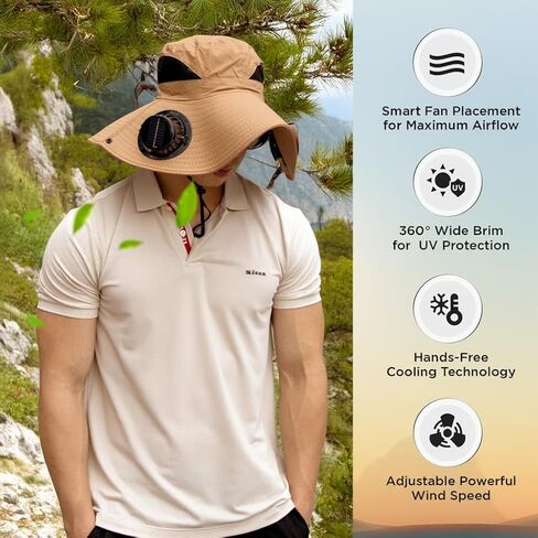Solar Fan Hat with 2 Removable Fans, Wide Brim Sun Hat USB & Solar Powered for Outdoor Fishing, Camping, Hiking, Gardening, UPF 50+ Sun Protection, Desert Sand in Saudi Arabia