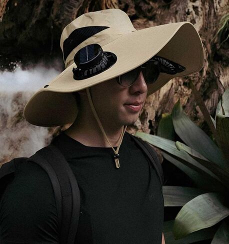 Solar Fan Hat with 2 Removable Fans, Wide Brim Sun Hat USB & Solar Powered for Outdoor Fishing, Camping, Hiking, Gardening, UPF 50+ Sun Protection, Desert Sand in Saudi Arabia