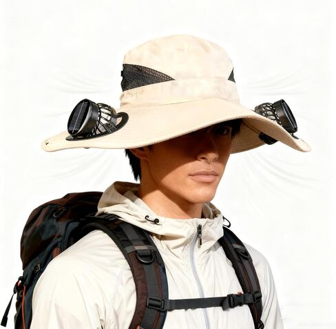 Solar Fan Hat with 2 Removable Fans, Wide Brim Sun Hat USB & Solar Powered for Outdoor Fishing, Camping, Hiking, Gardening, UPF 50+ Sun Protection, Desert Sand in Saudi Arabia