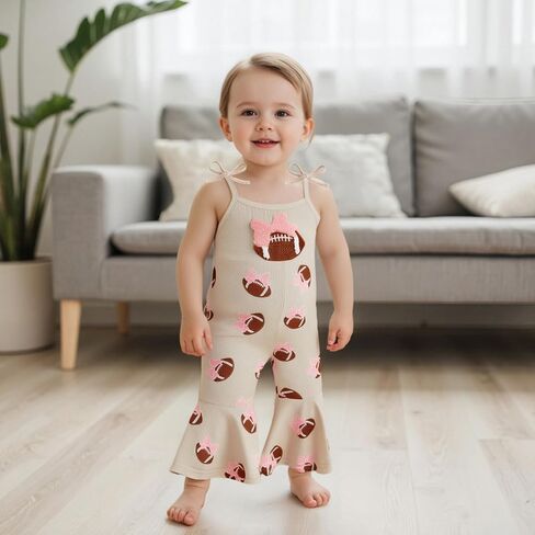 Toddler Baby Girl Football Outfit Bow Embroidery Spaghetti Strap Romper Bell Bottoms Jumpsuit One Piece Clothes in Saudi Arabia