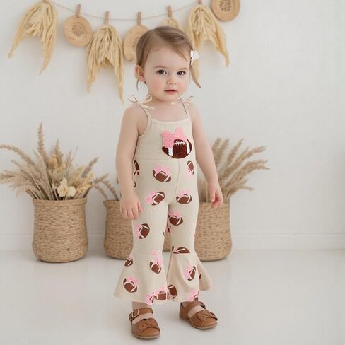 Toddler Baby Girl Football Outfit Bow Embroidery Spaghetti Strap Romper Bell Bottoms Jumpsuit One Piece Clothes in Saudi Arabia