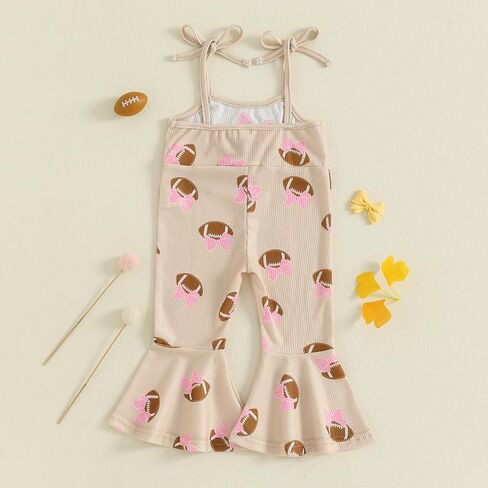 Toddler Baby Girl Football Outfit Bow Embroidery Spaghetti Strap Romper Bell Bottoms Jumpsuit One Piece Clothes in Saudi Arabia