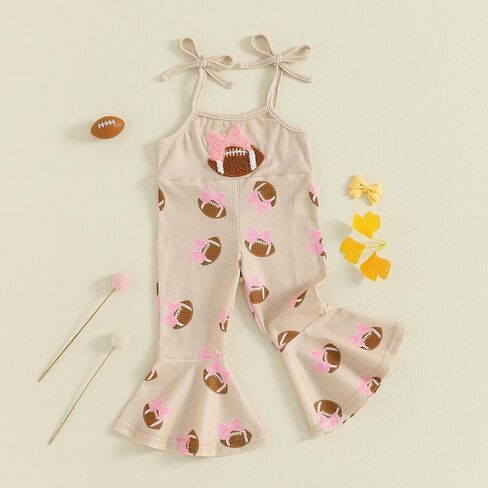 Toddler Baby Girl Football Outfit Bow Embroidery Spaghetti Strap Romper Bell Bottoms Jumpsuit One Piece Clothes in Saudi Arabia