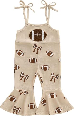 Toddler Baby Girl Football Outfit Bow Embroidery Spaghetti Strap Romper Bell Bottoms Jumpsuit One Piece Clothes in Saudi Arabia