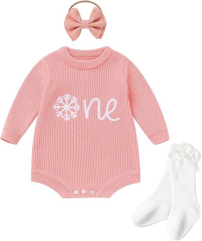 AWIBMK Baby Girls 1st Birthday Outfits Knitted Sweater Romper Headband Socks Fall Winter Photo Shoot Cake Smash Clothes in Saudi Arabia