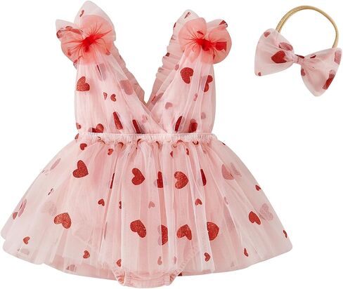 Newborn Baby Girl Valentine's Day Outfit Heart Infant Sleeveless Romper Dress Star Ruffle Tulle Tutu with Headband in Saudi Arabia