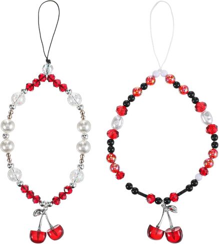 2 Pcs Cherry Phone Charm Red Phone Chain Wristlet Cute Cellphone Lanyard Pearl Camera Charm Wrist Strap Beaded Phones Charms Strap for Wallet Bag Camera in Saudi Arabia