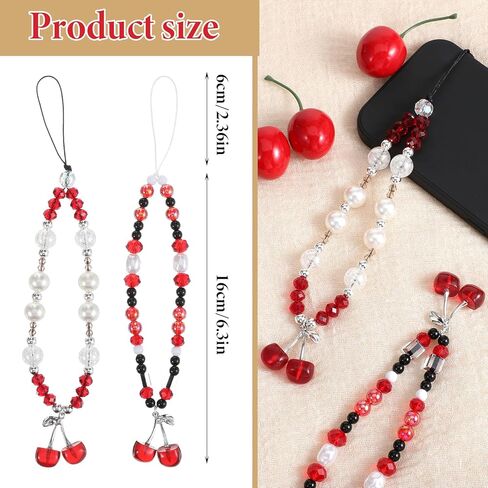 2 Pcs Cherry Phone Charm Red Phone Chain Wristlet Cute Cellphone Lanyard Pearl Camera Charm Wrist Strap Beaded Phones Charms Strap for Wallet Bag Camera in Saudi Arabia