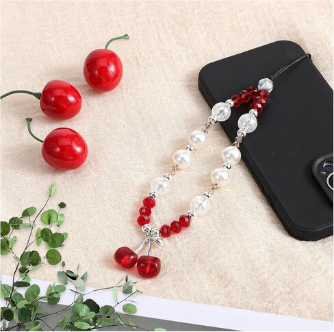 2 Pcs Cherry Phone Charm Red Phone Chain Wristlet Cute Cellphone Lanyard Pearl Camera Charm Wrist Strap Beaded Phones Charms Strap for Wallet Bag Camera in Saudi Arabia