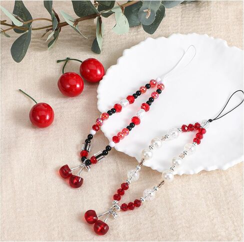 2 Pcs Cherry Phone Charm Red Phone Chain Wristlet Cute Cellphone Lanyard Pearl Camera Charm Wrist Strap Beaded Phones Charms Strap for Wallet Bag Camera in Saudi Arabia